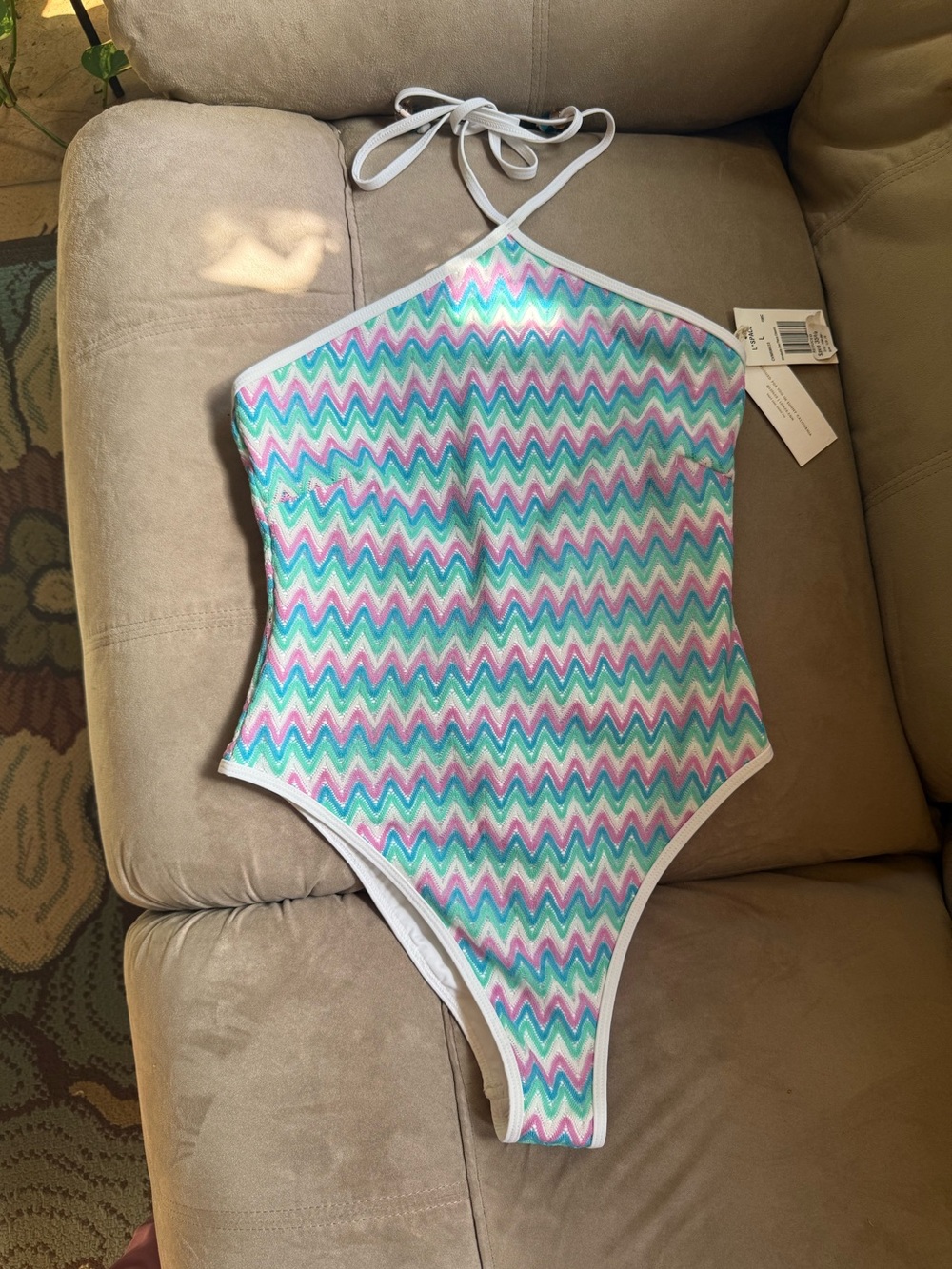 l*space  Chevron Print Crochet Halter Swimsuit NWT